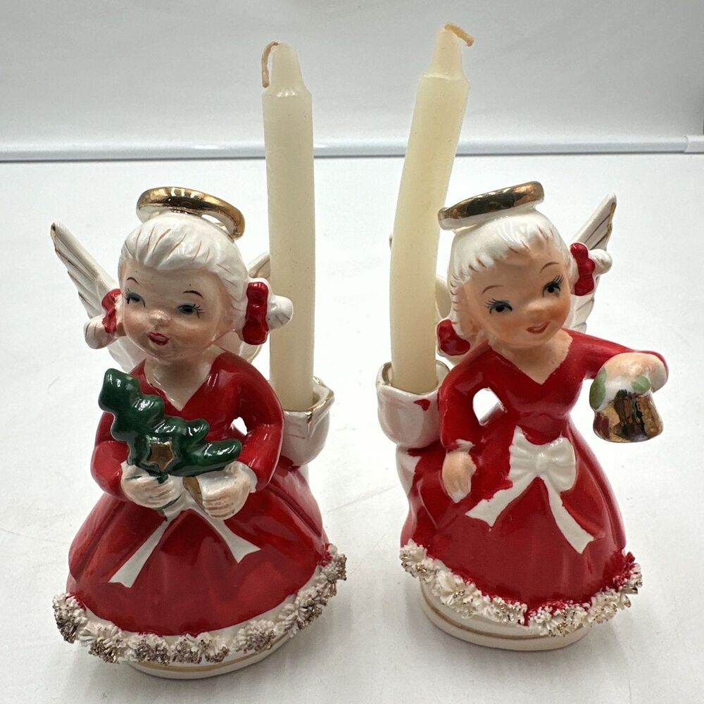 Ucagco Christmas Angels Candlestick Holders Set of 2 Spaghetti Trim W 2 candles